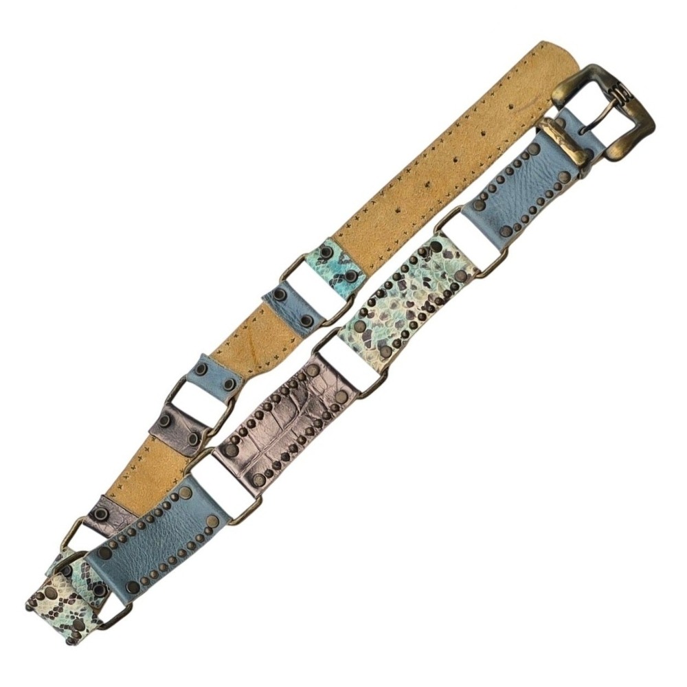 Leatherock USA Mixed Leather Studded Link Belt Blue Teal Bronze Boho M35 3941